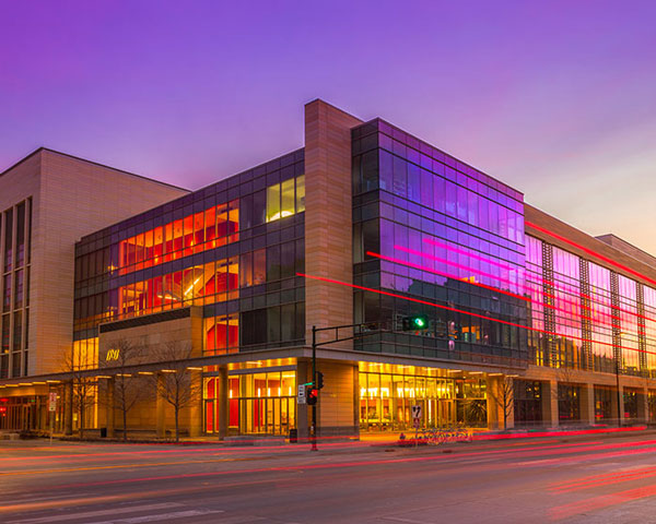 Discovery building exterior at dusk